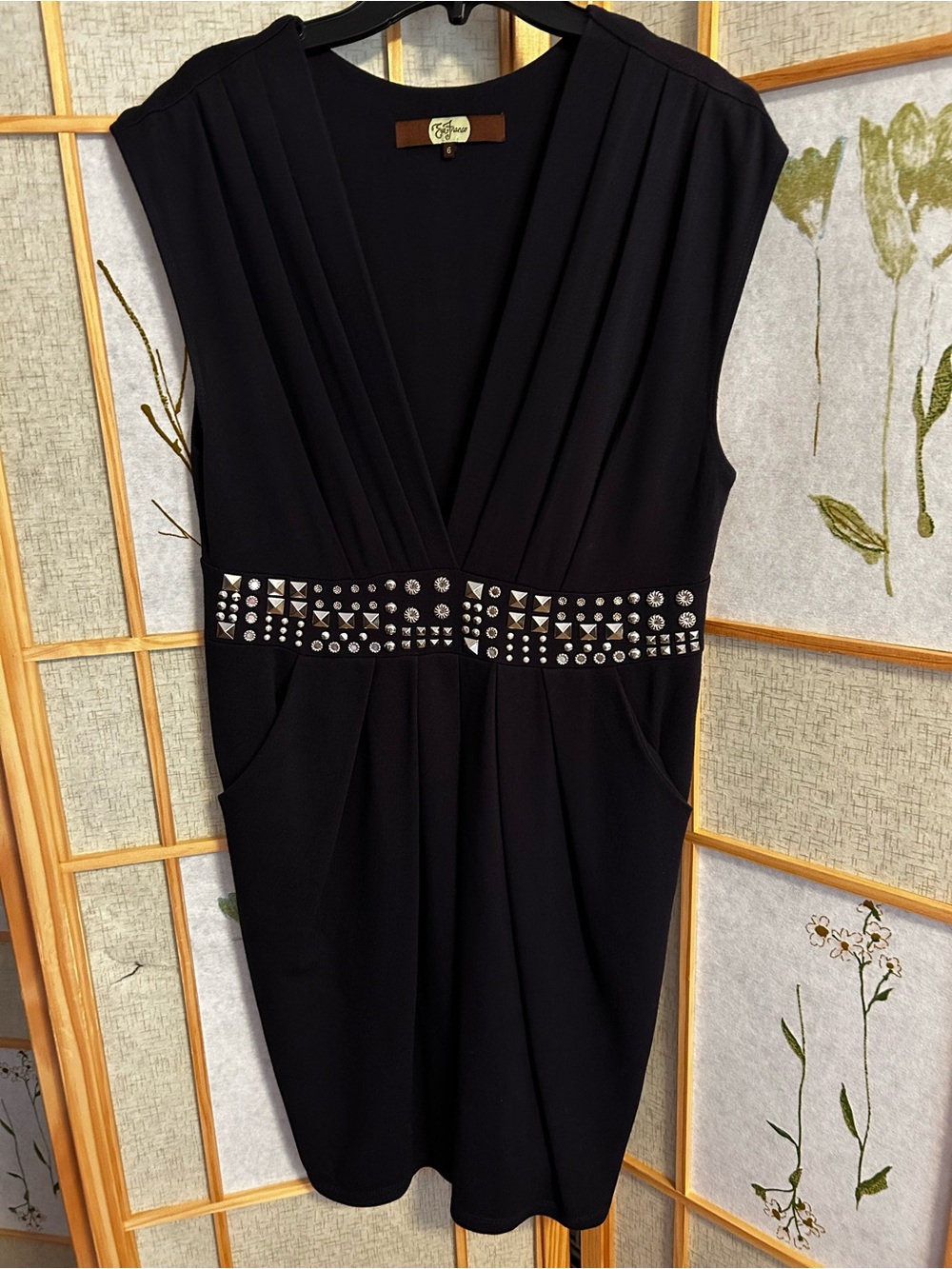 Eva Franco Navy Blue Sleeveless V-Neck Studded-Waist Mini Dress